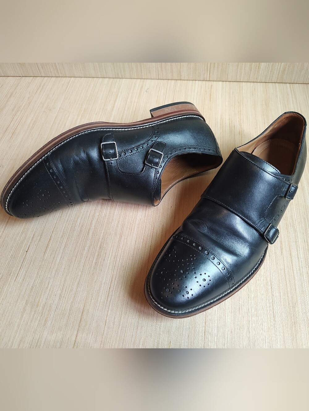 Johnston & Murphy Oxford Cap Toe Shoes Black Leather Double Monk Strap Buckle 10